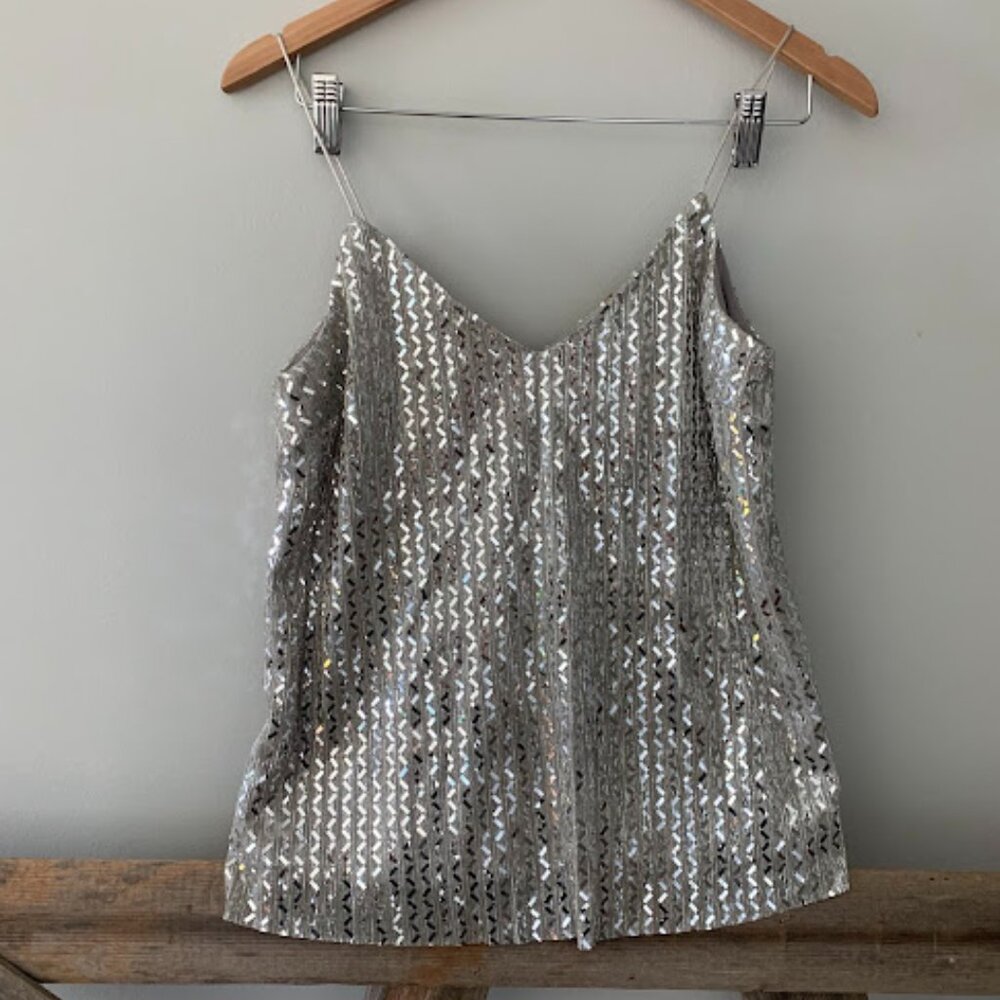 LOST + WANDER Dressy Silver Metallic Chevron print  tank-XS